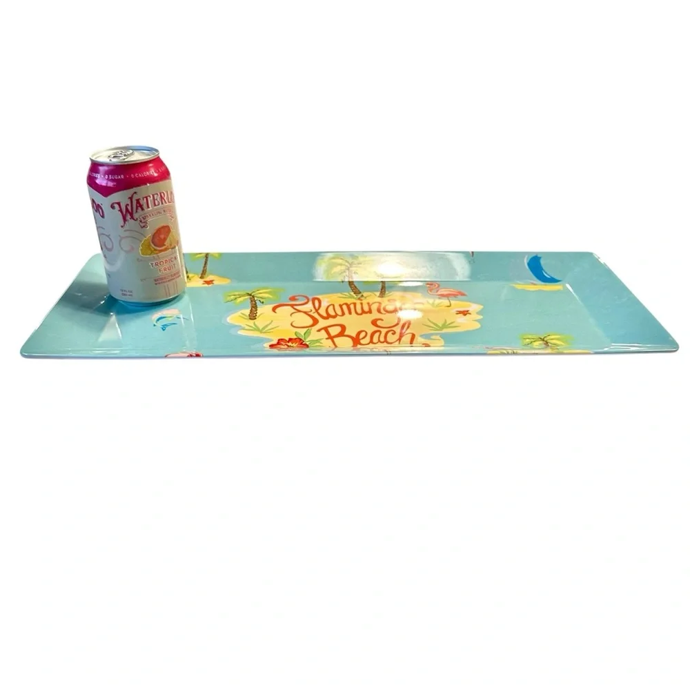 Pink‎ Flamingo Tropical Beach Serving Tray 19x8” Blue Melamine Plastic Platter
